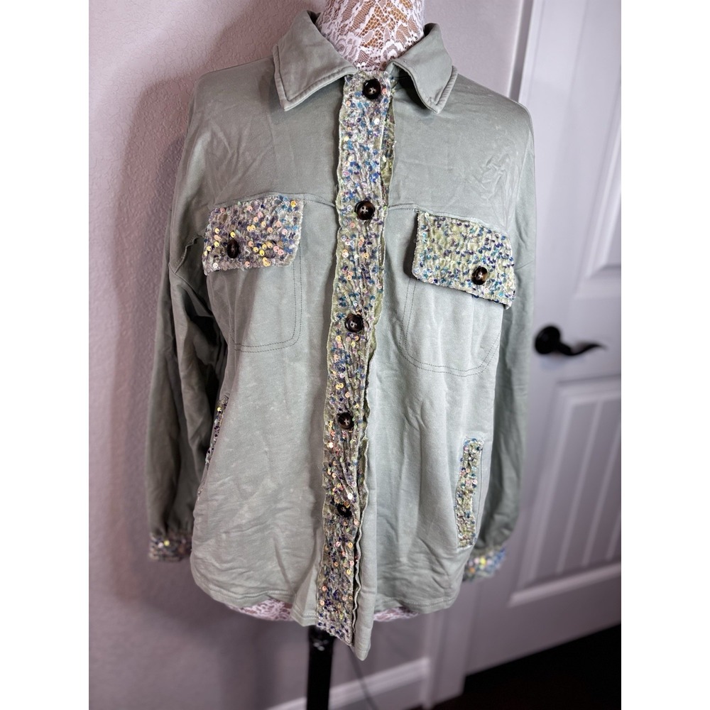 White Birch Sequined Button Up Shacket Sage Green Raw Seams Med Boho Relaxed